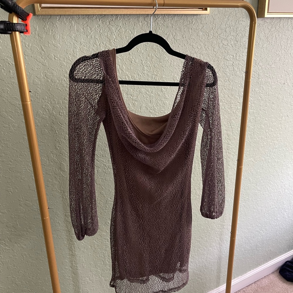 Brown Mesh Long Sleeve Dress